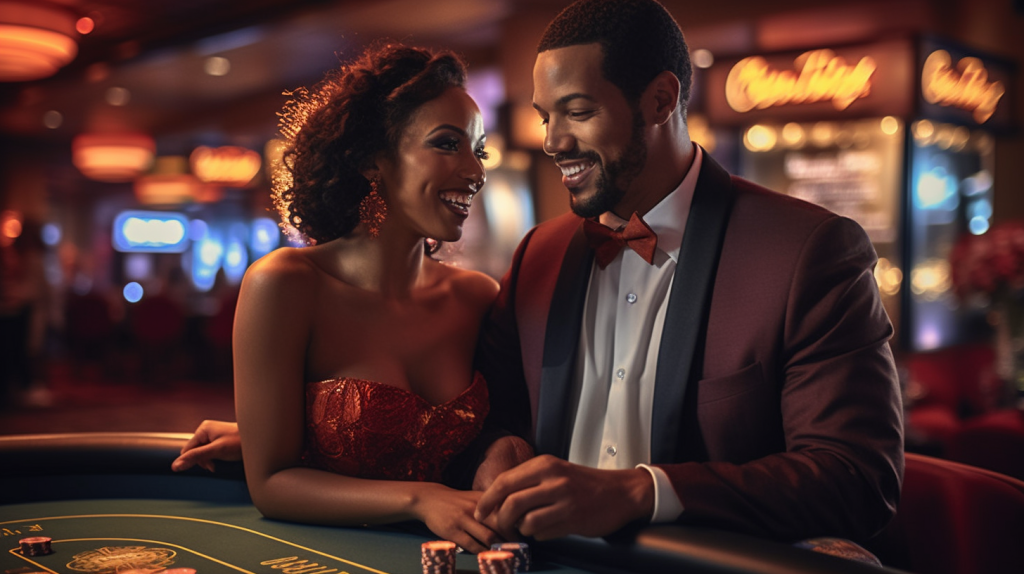 Elegant couple at a craps table in a casino