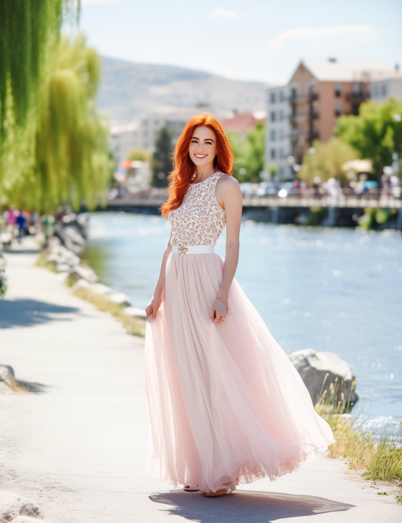 red haired woman in an elegant dress on the truckee river in Reno