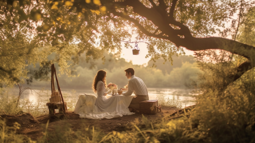 a dreamy photo of a couple having a picnic in front of a river